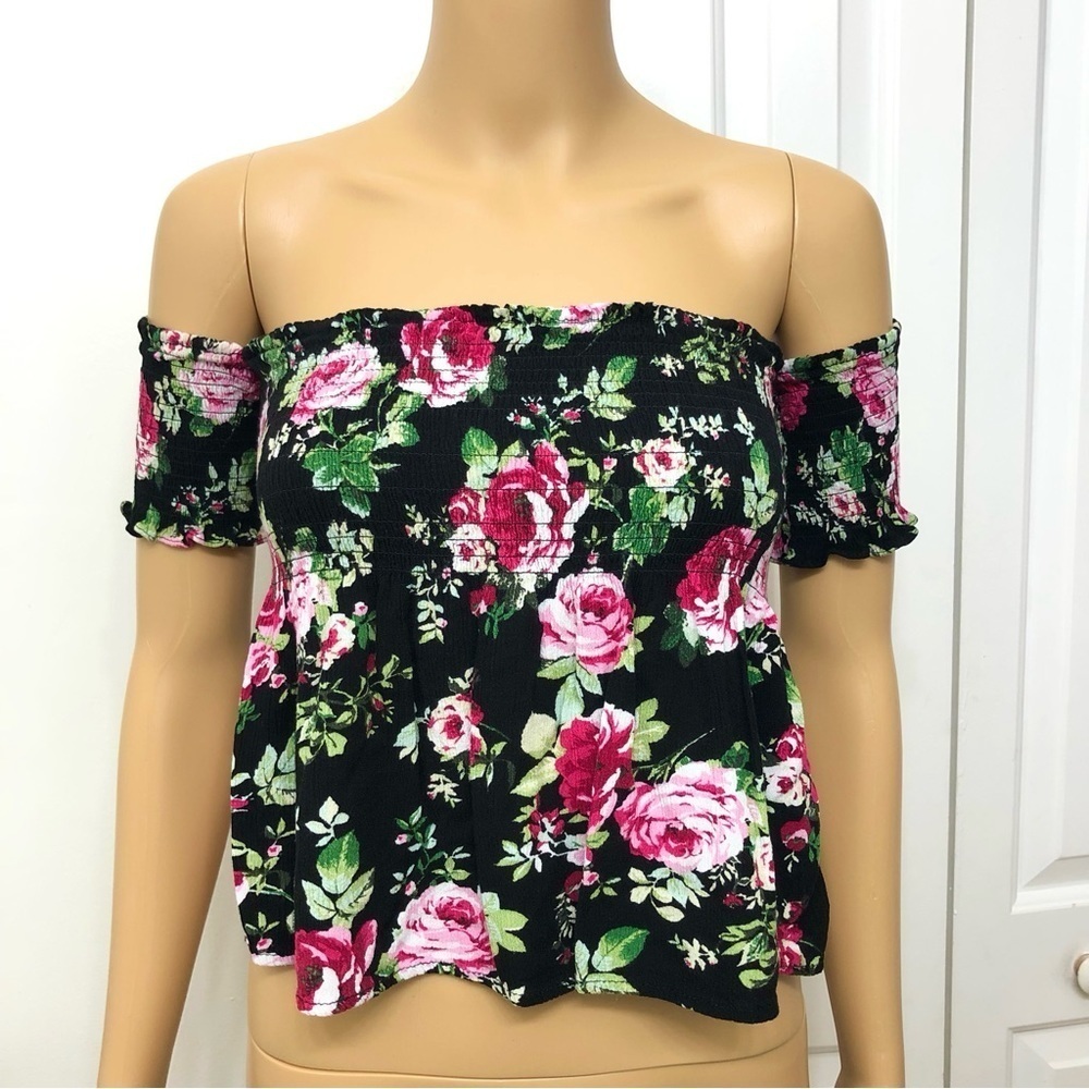 Ambiance Smock Floral Black Cold Shoulder Top Blouse Size S